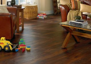 Acacia hardwood-look vinyl floor with toys