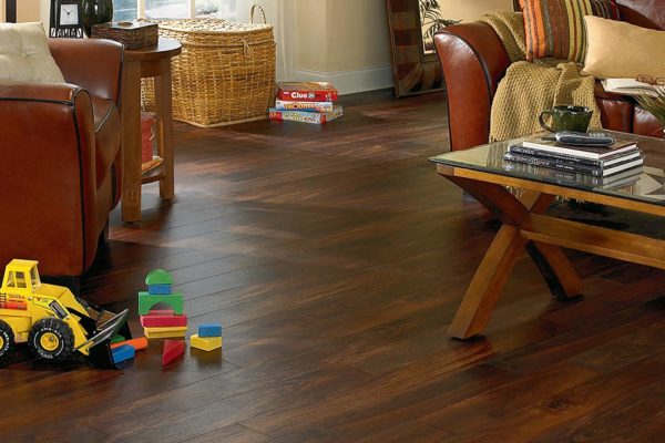 Acacia hardwood-look vinyl floor with toys