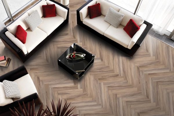 Coventry wood look porcelain tile in a stylish living room